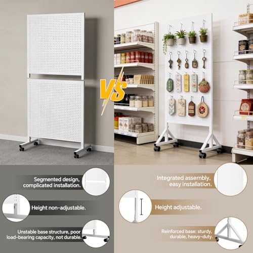 Metal Pegboard Display Stand 2 x 4.9 Feet, Adjustable Height with 40 Peg Board Hooks and Wheels, pegboard display rack, Craft Display Rack, Retail Display Rack, Garage Peg Board - Image 4