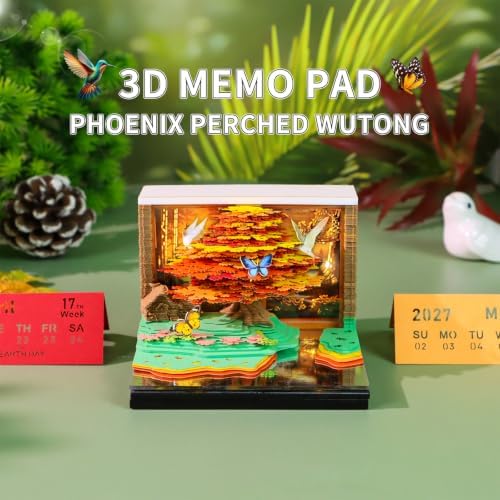 3D Calendar 2027, Desk Time Piece Calendar 2027,Tear-Away 3D Paper Art Notepad w LED Lights,Creative 3D Memo Artsy Pad Calendars, DIY Paper Carving Gift (Phoenix Perched Wutong) - Image 2
