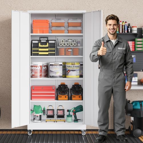 MIIIKO 75" Tall Metal Storage Cabinet with Wheels,Garage Storage Cabinets with Lock,Heavy Duty Tool Cabinets with 2 Doors and 4 Shelves for Garage,Home Office,Shop,Warehouse（White） - Image 2