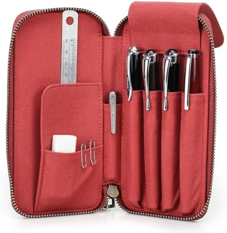 CONTACTS Full Grain Leather Pencil Case for Women Handmade Vintage Zipper Pen Holder Pouch with Card Slot Pens Organizer Pockets Stationery Bag (Red) by CONTACTS