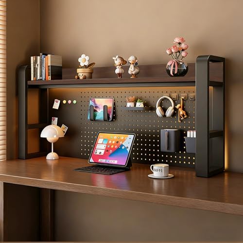 Desk Shelf - Includes a Pegboard and a Free 31-Piece Storage Accessory Set, Desk Hutch, Adjustable Hutch for Home Office Dorm (2-Tier Black Frame + Walnut Board 53.2×9.8×26") by Unknown
