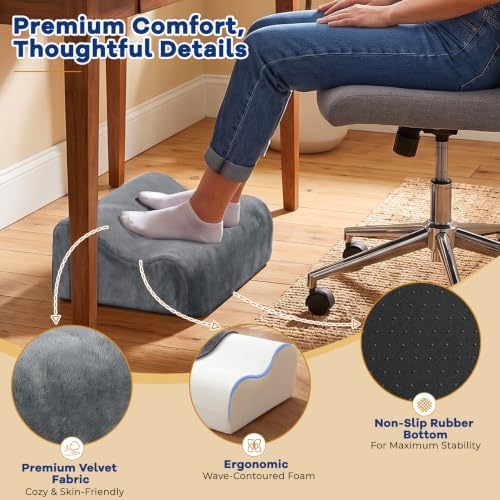 Foot Rest for Under Desk at Work, Ergonomic 2-in-1 Footrest Stool with 3 Adjustable Heights, Wave Contoured Foam Leg & Feet Support Cushion with Washable Velvet Cover for Office Chair, Gaming, Car - Image 4