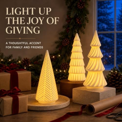 Lighted Ceramic Christmas Tree Set of 3 White Tabletop Christmas Decor - Image 3