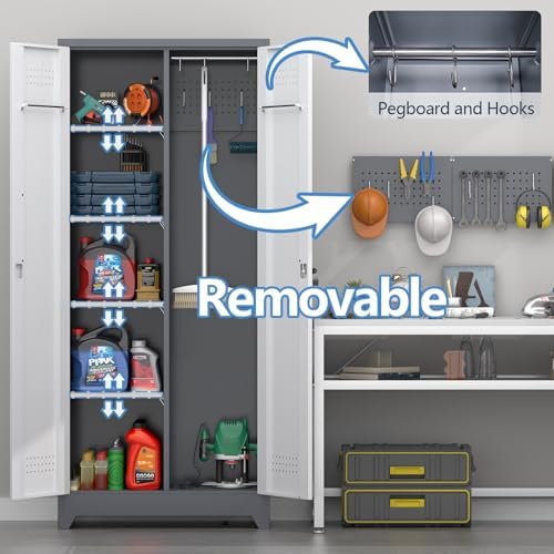 72.8" H Metal Garage Storage Cabinets with Doors and Shelves, Broom Closet Storage Cabinet, Tool Cabinets with Hanging Rod, Cleaning Storage Cabinets for Garage, Office, Laundry Room - Image 5