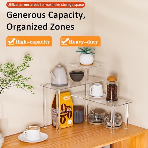 Sezanrpt Clear Countertop Corner Organizer Shelf 16.9x16.9x15.6 inch, 3 Tier Acrylic Organizer Corner Shelf for Bathroom, Kitchen, Study Room, Spice Jars, Coffee Bar, Dresser Table, Books - Image 3