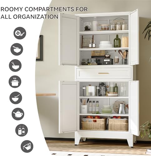 COFaR 71" Tall Pantry Cabinet with Drawer, White Storage Cabinet with Adjustable Shelves, 3-Section Freestanding Cupboard for Kitchen Organization - Image 4