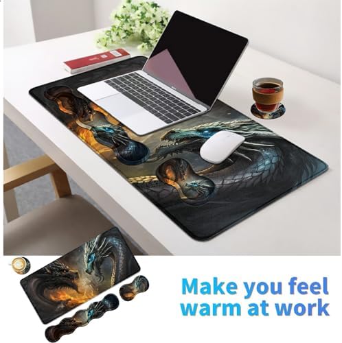 4Pcs Memory Foam Keyboard Wrist Rest Desk Mat Set, Flame Dragon - Image 6