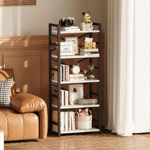 Homeiju Organization and Storage, 5 Tier Bookshelf, Tall Bookcase with Shelves, Wood and Metal Book Shelf Storage Organizer, Industrial Display Standing Shelf Unit for Bedroom, White - Image 5