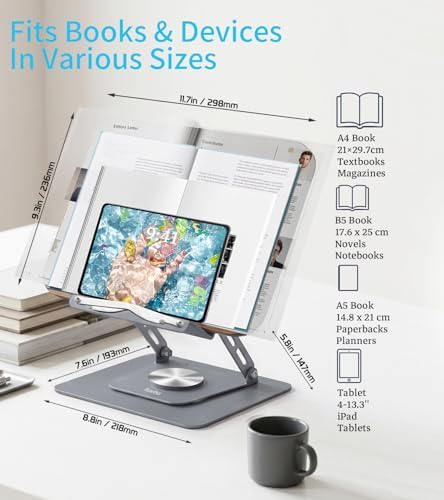 Aoviho Book Stand for Reading, 360° Rotating Book Holder with Page Clip - Image 2