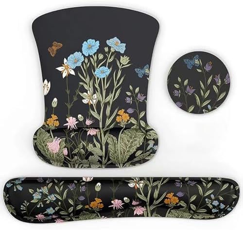 Ergonomic Mouse Pad & Wrist Rest - Memory Foam Set with Black Flower Design for Computer Keyboard (03_Black Garden) by EYROZILL