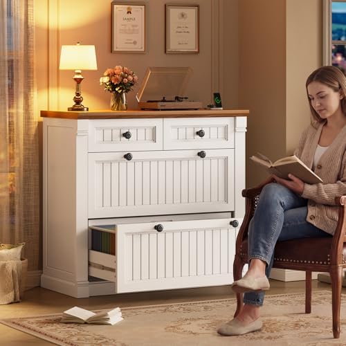 SEDETA 4 Drawers File Cabinet, 33" Farmhouse Filing Cabinets for Home Office fit Legal/Letter/A4 File, Wood Office File Cabinet with Power Outlets, Printer Stand with Storage, White+Brown - Image 3