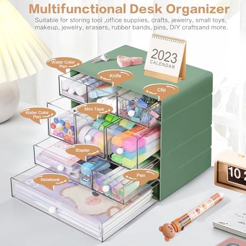 Desk Storage Organizer with 9 Drawers, 4 Tiers Stackable Desktop Craft Storage Drawers, Clear Storage Box Caddy for Stationary Makeup Jewelry Office Craft Supplies (Green) - Image 5