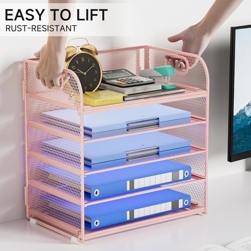 5-Tier Stackable Paper Organizer with Handle, Pink - Image 5