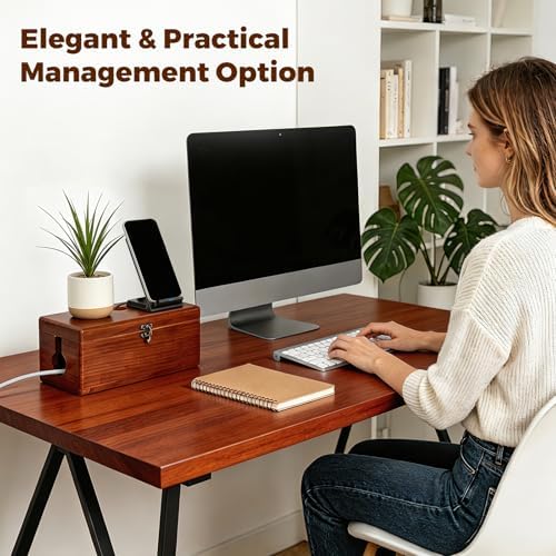 Large Cable Management Box with Clasp, Soild Wood Cord Box with 4 Open Slots, Cable Box to Hide Cords and Power Strip - Image 6