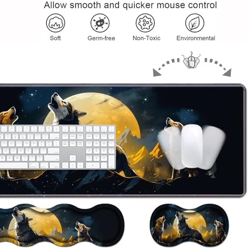 Ergonomic Keyboard Wrist Rest & Mouse Pad Wrist Rest Set, Large XXL Gaming Desk Mat 31.5"x 11.8" with Memory Foam, Easy Typing Pain Relief for Office & Home, Wolf Howling Under The Moon - Image 4