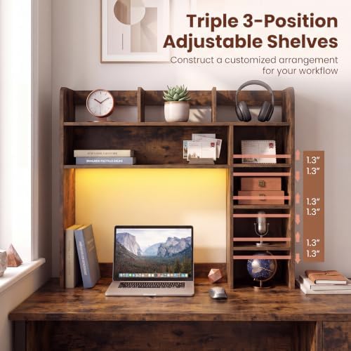 LDAILY Desktop Bookshelf with LED Lights, 35.5’’ Wooden Desk Shelf with 8 Cubes & 3 Adjustable Storage Shelves, 5-Tier Desk Hutch for Dorm College Office Computer Monitor Up to 25’’(Rustic Brown) - Image 6