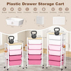 Rolling Cart with Drawers, Rolling Storage Cart with Large Plastic Drawers & Wooden Tabletop, Utility Cart with Pegboards & Basket, Storage Drawers Cart for Living Room, Classroom, Bedroom, Office - Image 4