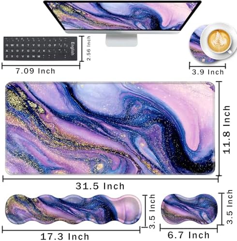 Keyboard Wrist Rest and Mouse Pad with Wrist Support Set Ergonomic Coaster,Memory Foam,Easy Typing Pain Relief,Large XL Desk Mat 31.5"x 11.8",Purple Marble - Image 2