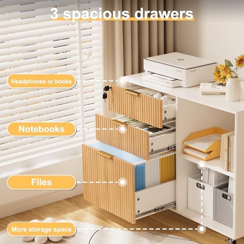 INNOD 3 Drawer Fluted Mobile Filing Cabinet with Lock, Lateral Rolling Under Desk File Cabinet, Wooden Printer Stand Table for Home Office Essentials Storage Organization Furniture Letters/A4(Oak) - Image 4