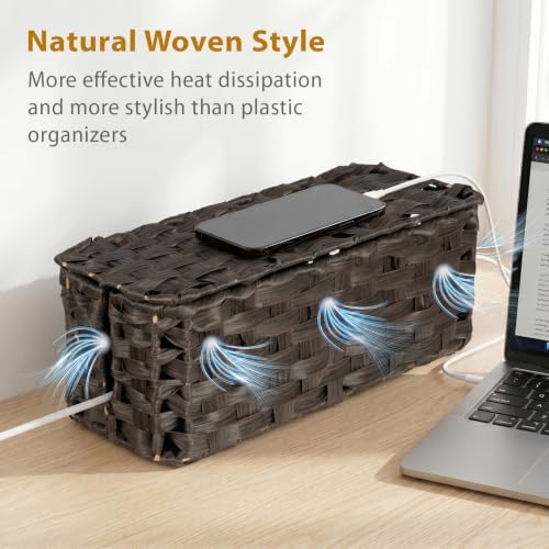 2 Pack Handwoven Cable Management Box with Lid, Decorative Cord Organizer for Power Strips, Chargers, TV Wires, Desk, Home & Office Storage, Plastic Rattan Strap - Image 6