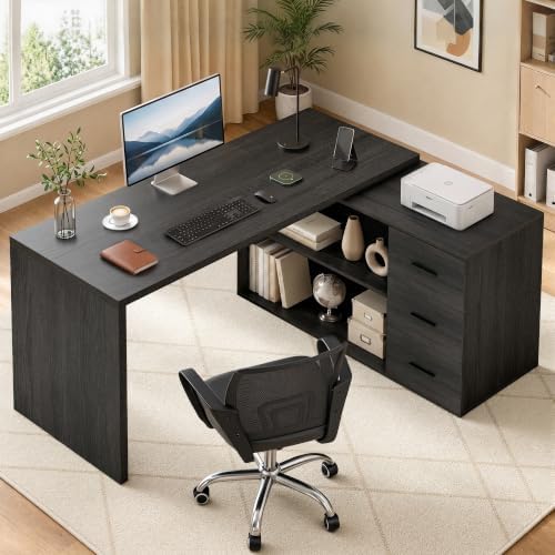 HSH 60 inch Rustic L Shaped Computer Corner Desk with 3 Storage Drawers - Image 3