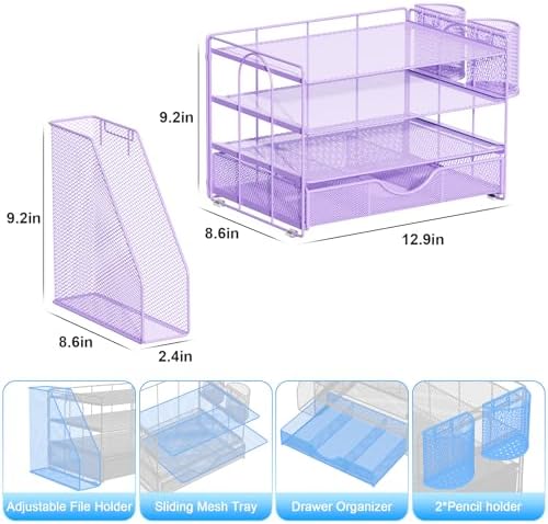 gianotter Desk Organizers and Accessories with File Holder, 4-Tier Desk Accessories & Workspace Organizers with Drawer and 2 Pen Holder, Paper Organizer for Office Supplies (Purple) - Image 5
