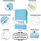 feela 5 Pack Notebooks Journals Bulk, Hardcover Classic Ruled Lined Journals with Pen Holder for Women Girls School Business Supplies, with 5 Black Pens, 120 GSM, 5.1”x8.3”, A5, Blue - Image 2