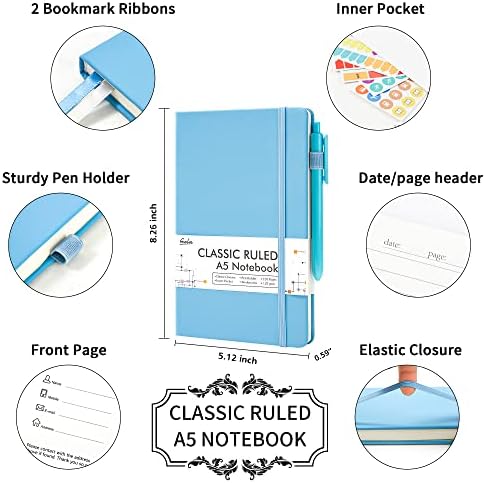feela 5 Pack Notebooks Journals Bulk, Hardcover Classic Ruled Lined Journals with Pen Holder for Women Girls School Business Supplies, with 5 Black Pens, 120 GSM, 5.1”x8.3”, A5, Blue - Image 2