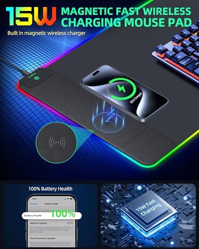 15W Wireless Charging RGB Mouse Pad, 31.5"x15.7", XXL Gaming Desk Mat - Image 2