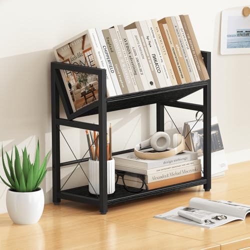 ELITEROO Desktop Bookshelf, 2 Tier Desk Book Organizer Shelf, Wood Tabletop Bookshelf Storage, Small Desk Top Bookcase for Office, Home, or Study, Mini Table Book Rack for Display, Black - Image 2