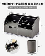 VLANDO 2 Pcs PU Leather Desk Caddy Set with Drawer,Pen Holder - Image 3