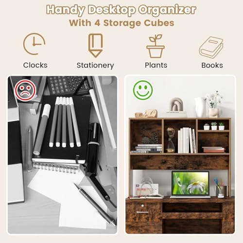 GOFLAME 4 Cubes Desktop Bookshelf, 37” Tabletop Wood Desk Shelf for Computer Monitor, Modern Countertop Desk Display Hutch Storage Organizer Shelf for Home Office, Dorm, Study, Rustic Brown - Image 5