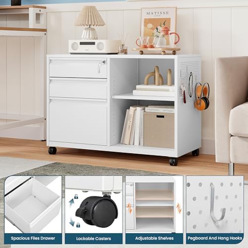 MIIIKO 3 Drawer File Cabinet with Lock, Metal Lateral Rolling Printer Stand Filing Cabinets for Home Office Storage,A4, Letter,File Folders(White) - Image 6