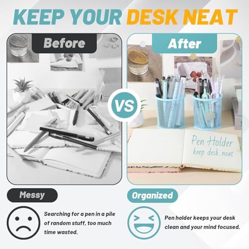 Segarty Pen Holer, 12 Pack Round Light Blue Pencils Holder for Desk, Metal Mesh Pen Cup Container Marker Organizer Set for Office, School, Home, Desktop Storage and Organization - Image 4
