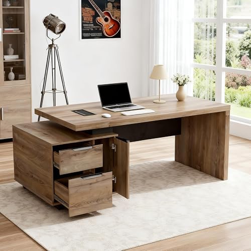 63“ Executive Office Desk with File Drawer, Modern Professional Desk with Cable Management Box, Office Desk with Storage Cabinet & Privacy Panel, 1.8” Thick Desktop for Home Office (Mahogany, Left) - Image 3