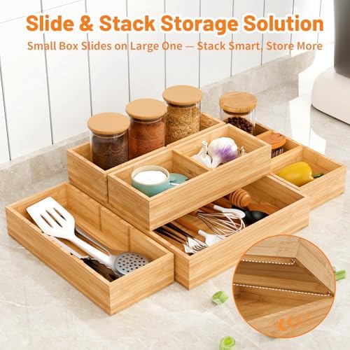 Bamboo Drawer Organizer, 5-Piece Stackable Trays with Removable Dividers - Image 4