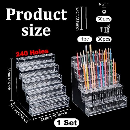 PH PandaHall 240 Holes Acrylic Pen Holder 5 Tier Clear Pen Display Stand Organizer Makeup Paint Brush Organizer Clear Pencil Marker Dispaly Holder Storage for Home Vanity Office Desk Vendor - Image 2