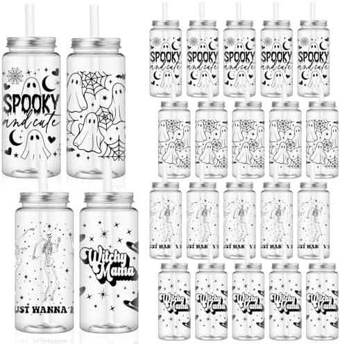 Meanplan 24 Pcs Halloween Ghost Plastic Cup with Lids and Straws Bulk 14 oz by Meanplan