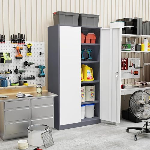 INTERGREAT Metal Storage Cabinet Doors, 72" Locking Steel Storage Cabinet with Shelves, Tall Lockable Steel Cabinets for Home Office, Garage(New Grey) - Image 2