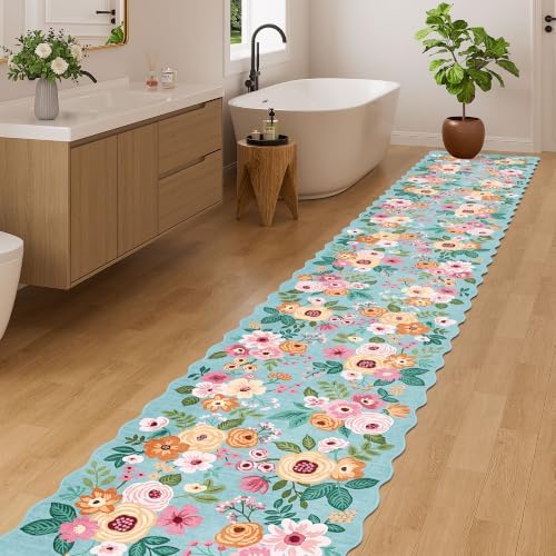 DUKINO 2x12 Washable Runner Rug, Floral Long Runner Rug for Hallway, Teal - Image 3