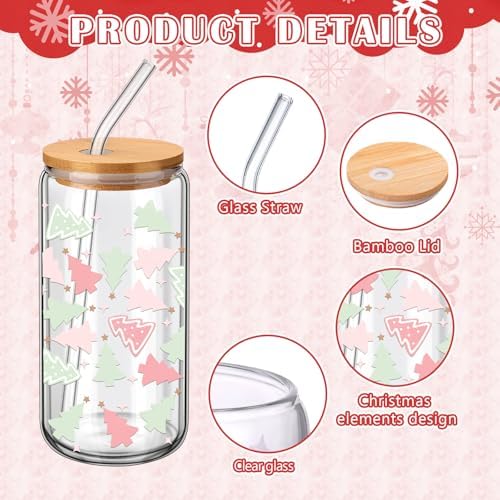 6 Pcs Christmas Glass Cup Bulk with Straw and Bamboo Lids 16 oz - Image 4
