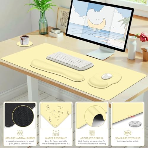 4 PCS Mouse Pad Desk Mat Protector, Keyboard Wrist Rest + Comfortable Mouse Pad with Wrist Rest +Coaster, Large Gaming Mousepad for Computer Laptop, 35.4" X 15.7" XXL Deskpad for Office Home I Yellow - Image 7