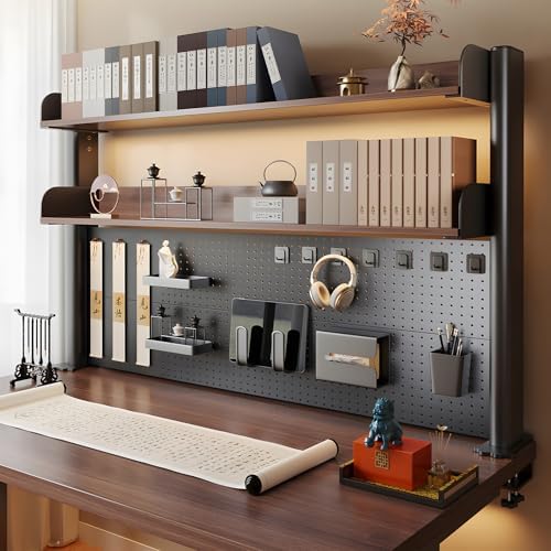 Clamp on Desk Shelf with Pegboard, Adjustable Desktop Hutch Organizer, No-Drill Over the Desk Storage Rack, Heavy Duty Metal Frame Vertical Stand with DIY Accessories for Home Office & Gaming Setup by YKLYTBD