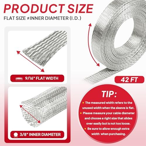 9/16" Wide Tinned Copper Braided Metal Wire Shielding Sleeve Ground Strap Automotive Flat Mesh Flexible Expandable Sheath (15mm ID-42ft) - Image 2
