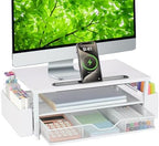 AUPSEN White Monitor Stand Riser, 2-Tier Wood Computer Desk Organizer with Drawer, Pen Storage & Phone Holder, Office Desk Accessories Desktop Organizer for Office Supplies (White) by AUPSEN