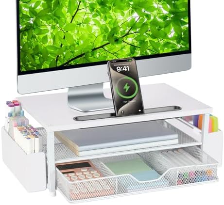 AUPSEN White Monitor Stand Riser, 2-Tier Wood Computer Desk Organizer with Drawer, Pen Storage & Phone Holder, Office Desk Accessories Desktop Organizer for Office Supplies (White) by AUPSEN