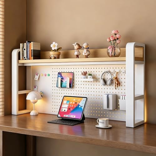 Desk Shelf - Includes a Pegboard and a Free 31-Piece Storage Accessory Set, Desk Hutch, Adjustable Hutch for Home Office Dorm (2-Tier White Frame + Natural Wood Board 21.7×9.8×26") by Unknown