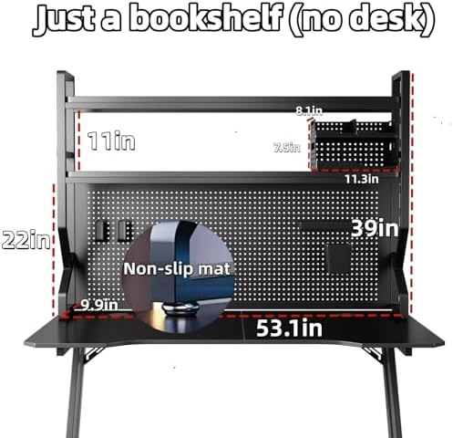 Desktop Hutch Bookshelf,Many Gifts,Metal Desktop Bookcase with pegboard, Desk Shelf, Countertop Storage Organizer Rack for Dorm or Office,Desktop Shelves (Black, 53.1" Lx9.9 Wx39 H) - Image 2