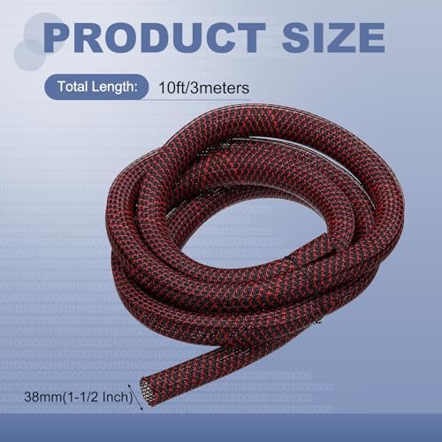 MECCANIXITY Split Sleeve Wire Loom Braided Sleeve 1-1/2" 10Ft Black/Red - Image 2