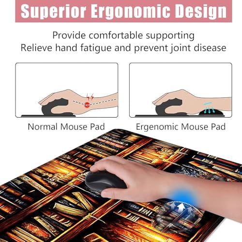 Large Keyboard Mouse Pad Set, Extended Mouse Pad+Keyboard Wrist Rest Support, Memory Foam Ergonomic Easy Typing, 4Pcs (31.5×11.8 in) Desk Pad Set for Office Home,Vintage Bookshelf - Image 5